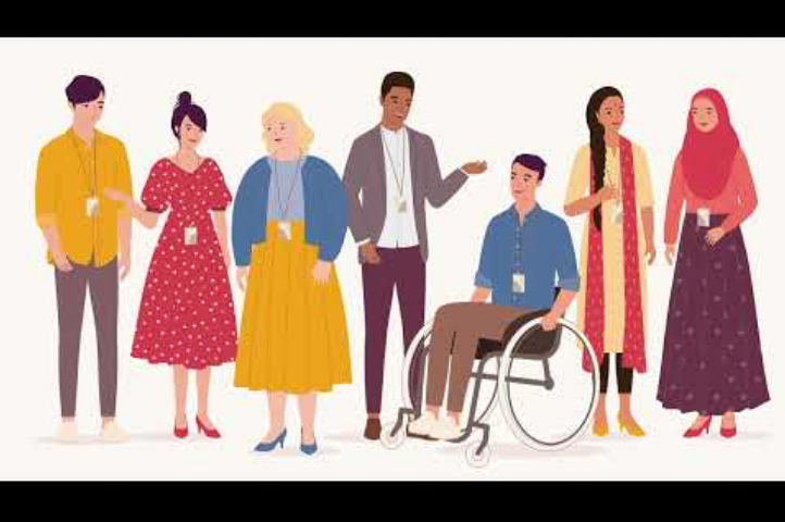 Illustration of a diverse group of people wearing ID badges