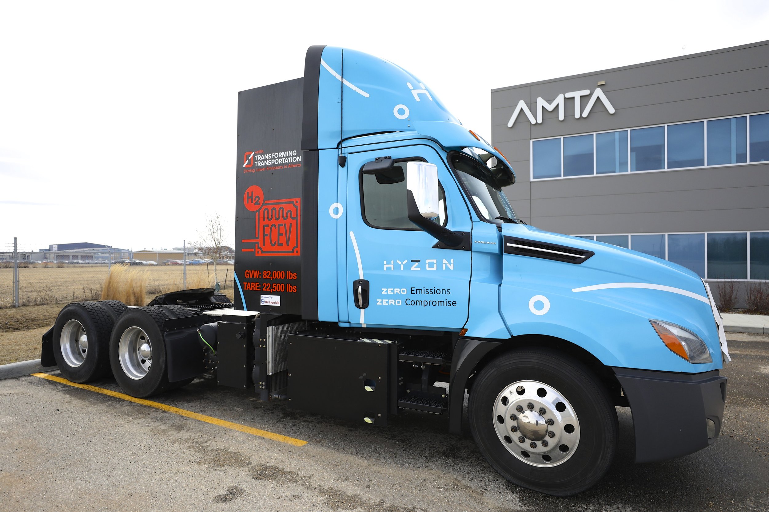 Zero Emission Hyzon Truck Trailer parked in front of the AMTA building
