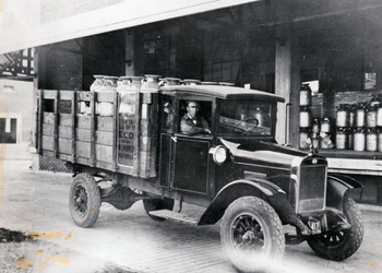 Vintage image of first versions of modern semi trucks