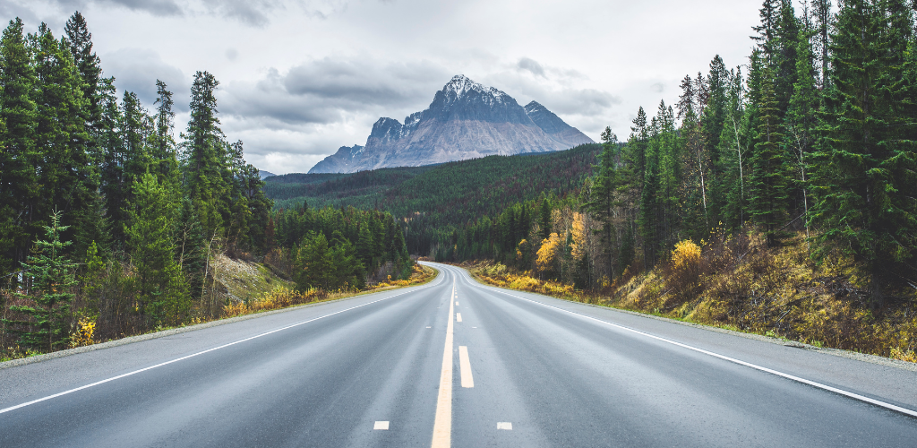 Highway surrounded by forest and facing a mountain Highway surrounded by forest and facing a mountain
